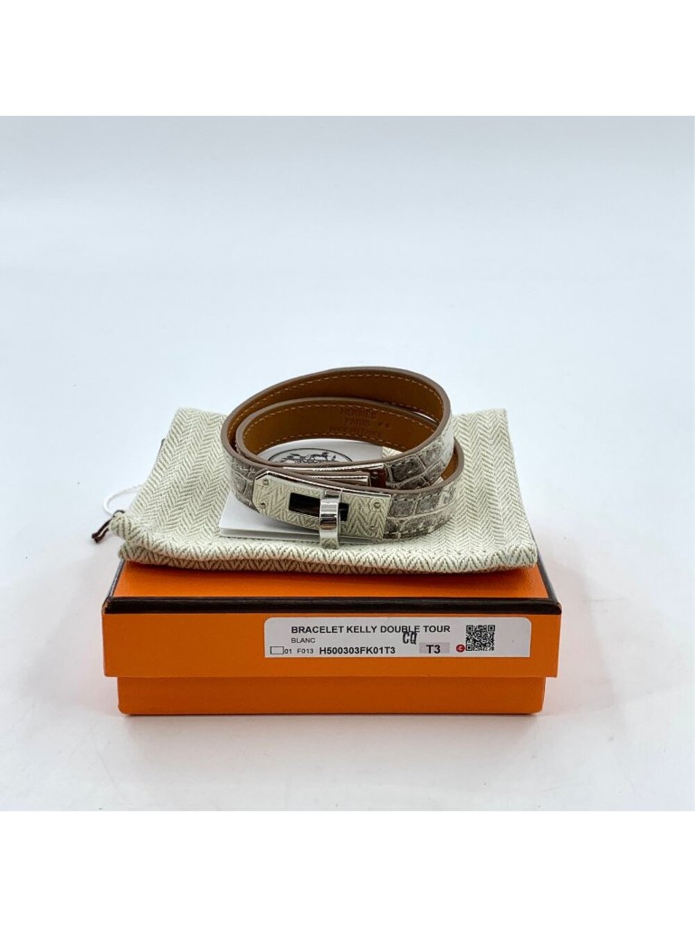Hermès Kelly White Crocodile Leather Double-Wrap Silver Bracelet